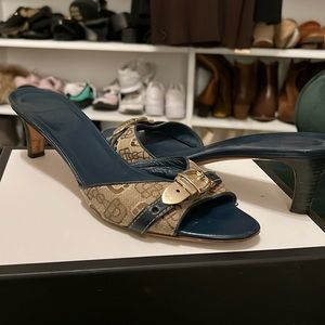 Teal blue and monogram Gucci mule heels